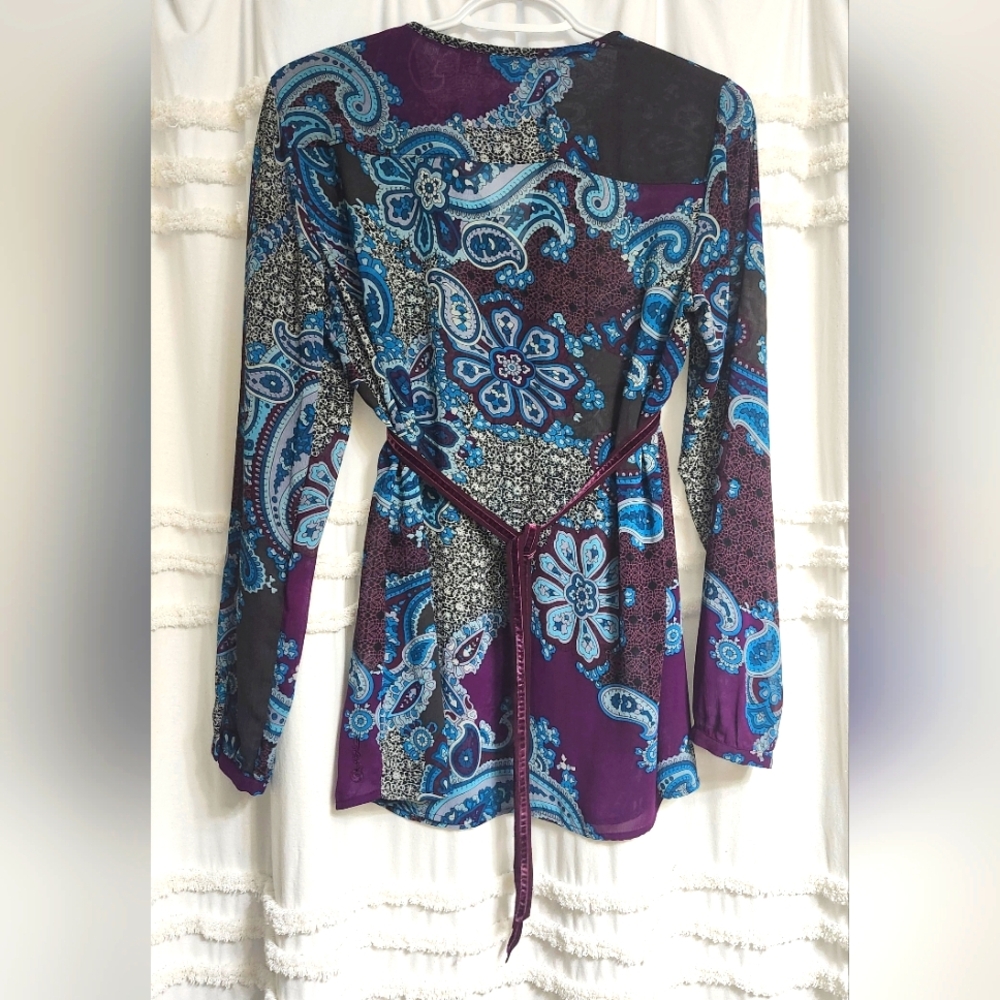 Esprit Paisley Print Blouse - Purple and Blue, With A Velvet Trim And Tie Back.